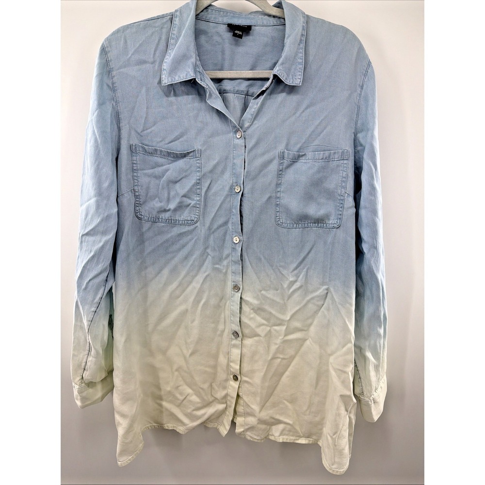 J. Jill Denim Button Up Top Blouse Ombre‎ Women Size L Shirt Blue Oversized